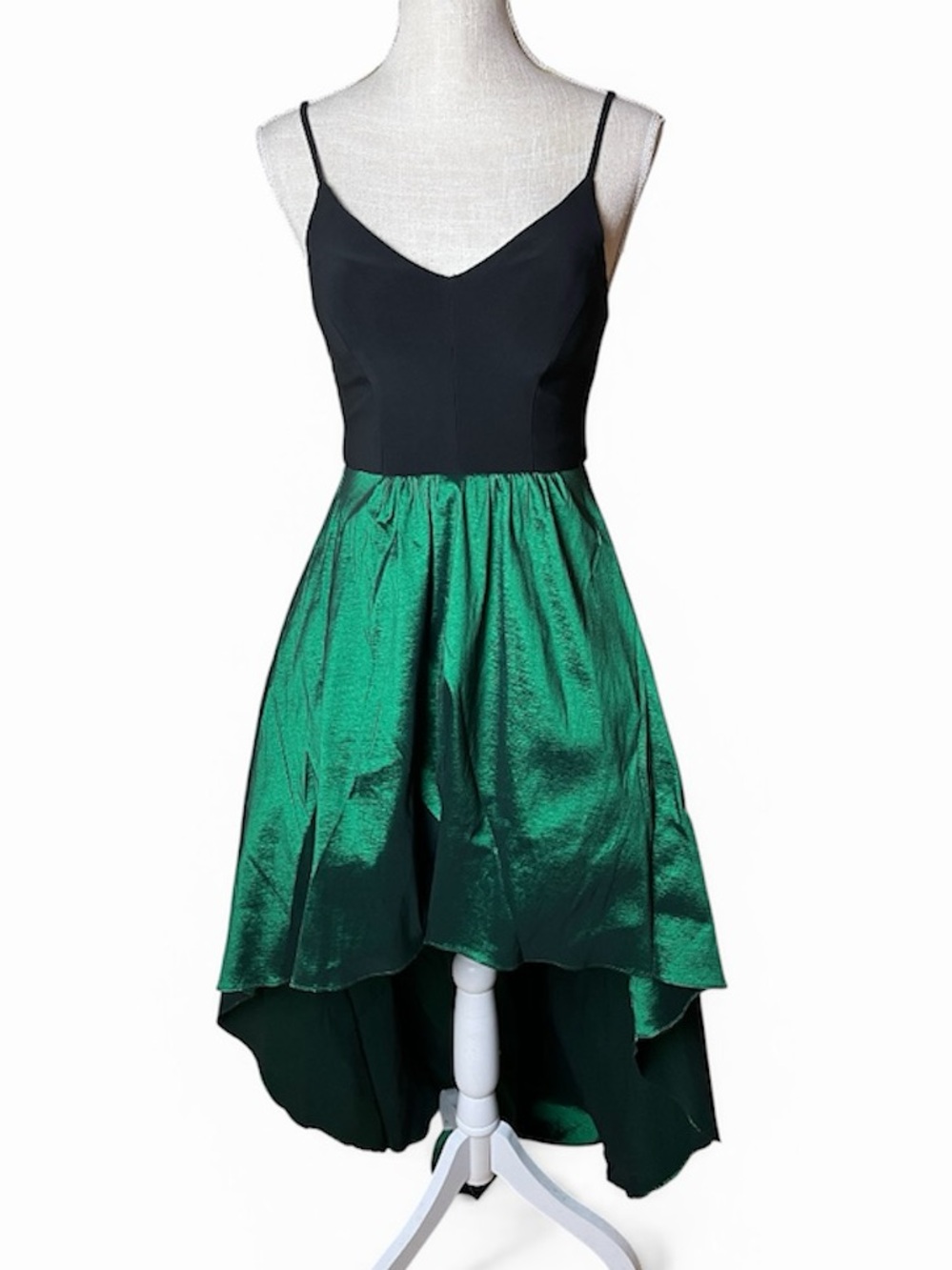 Betsy & Adam Black Green V-Neck High-Low Dress- 2 - Picture 3 of 12